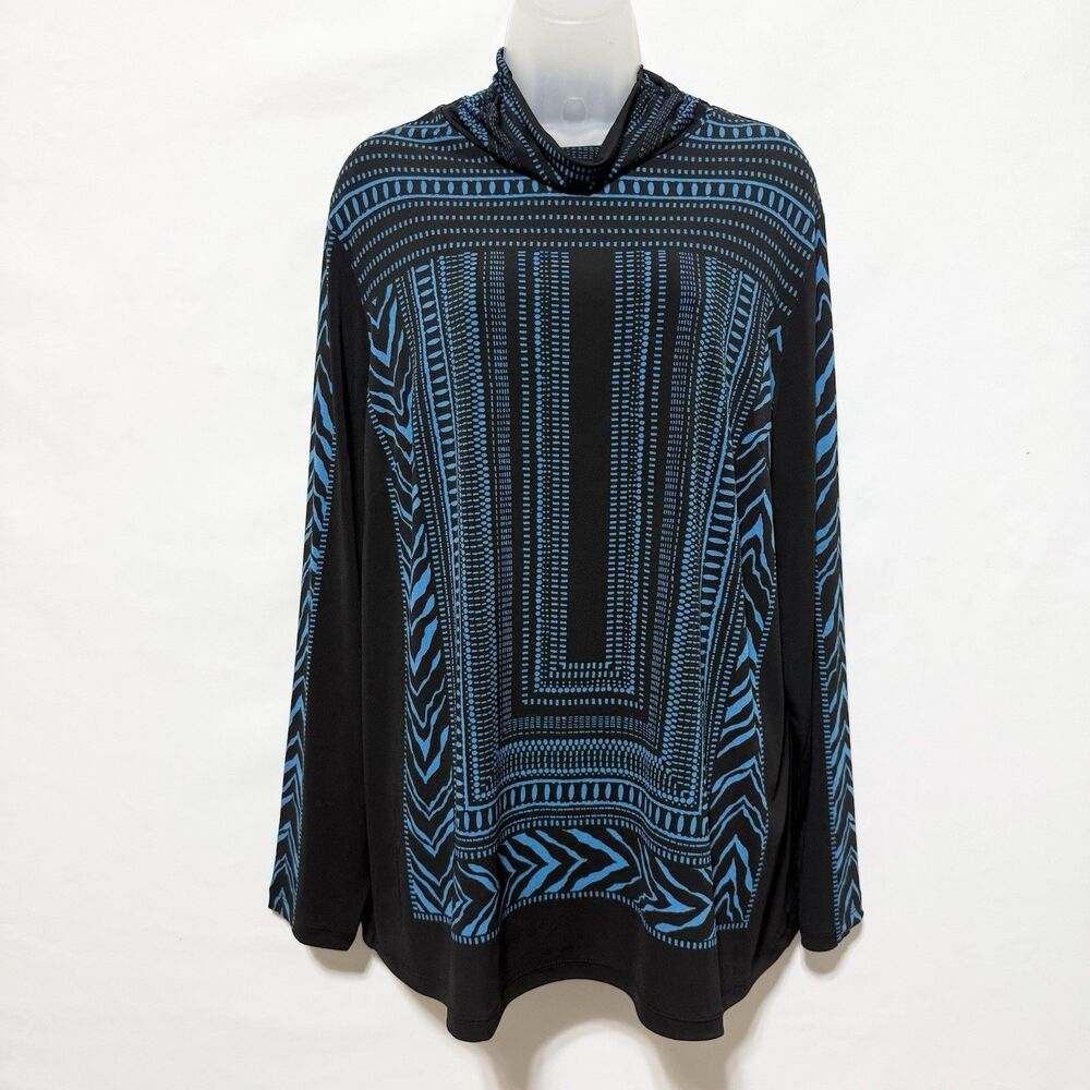 Susan Graver Women 1X Black Blue Geometric Print Turtle Neck Tunic Top Stretch